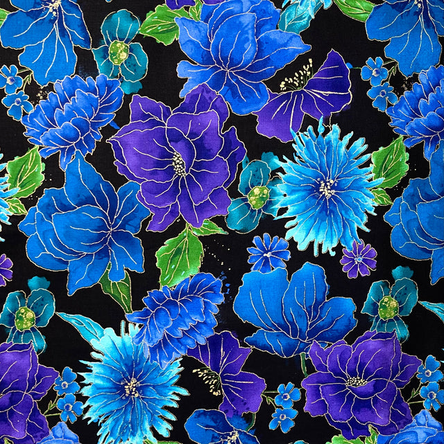 Floral Blue fabric metallic Fly by Night All over Timeless Treasures CM6095