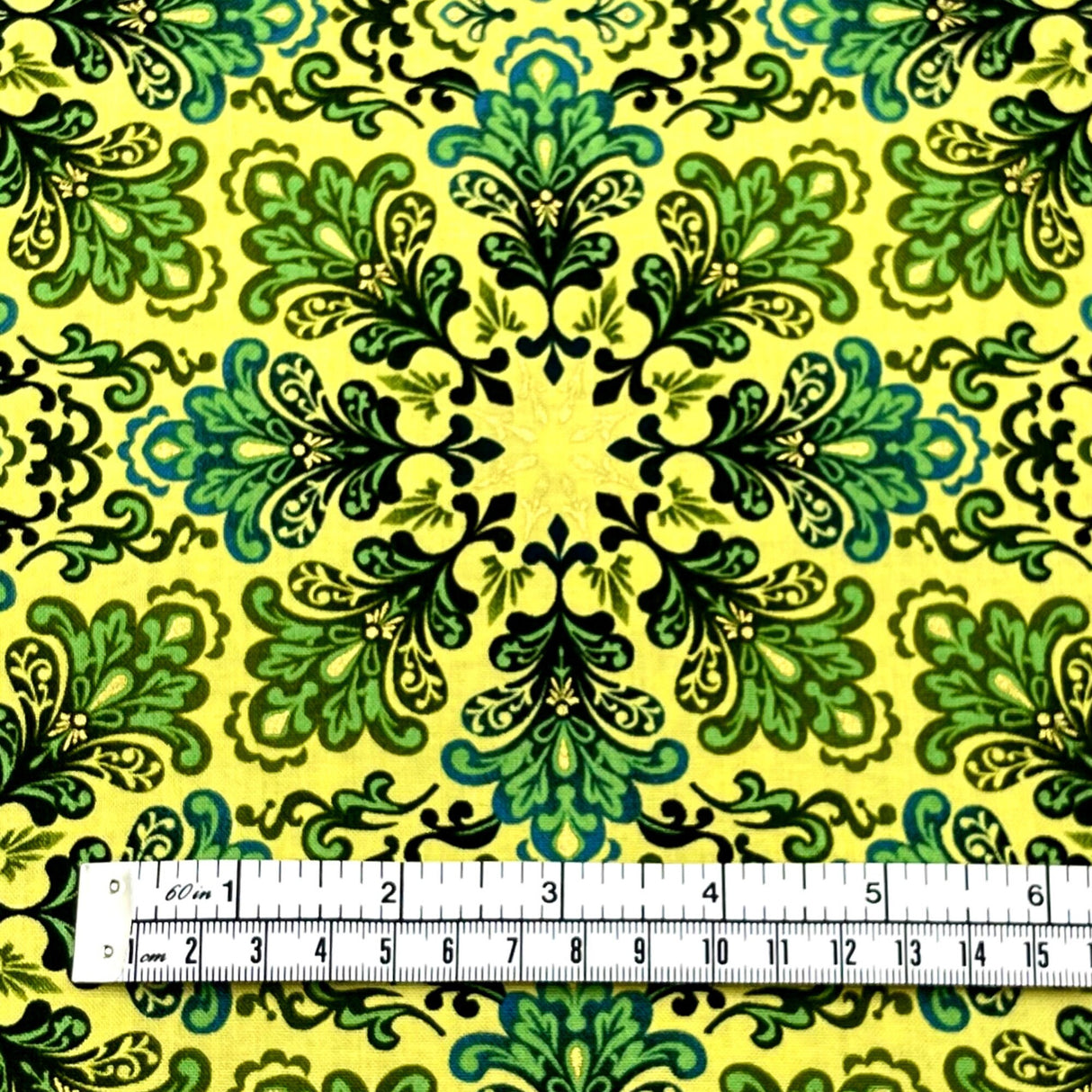 Snowflakes Fabric Christmas Splendor Medallions Gold, Green Yellow Cotton Quilting fabric Henry Glass HG8320M-66