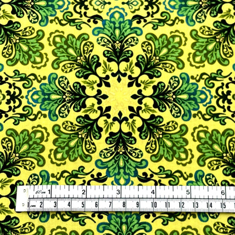 Snowflakes Fabric Christmas Splendor Medallions Gold, Green Yellow Cotton Quilting fabric Henry Glass HG8320M-66