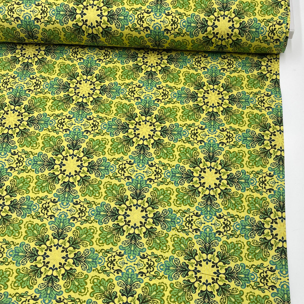 Snowflakes Fabric Christmas Splendor Medallions Gold, Green Yellow Cotton Quilting fabric Henry Glass HG8320M-66