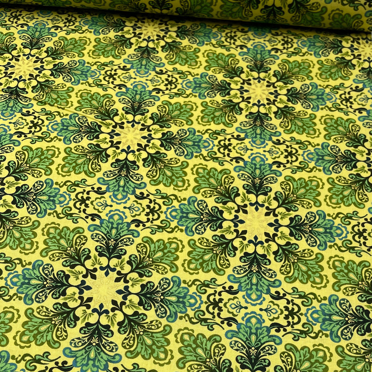 Snowflakes Fabric Christmas Splendor Medallions Gold, Green Yellow Cotton Quilting fabric Henry Glass HG8320M-66