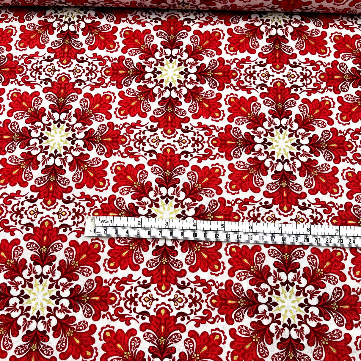 Snowflakes Fabric Christmas Splendor Medallions Gold accents, Red, White Cotton Quilting fabric Henry Glass HG8320M-44