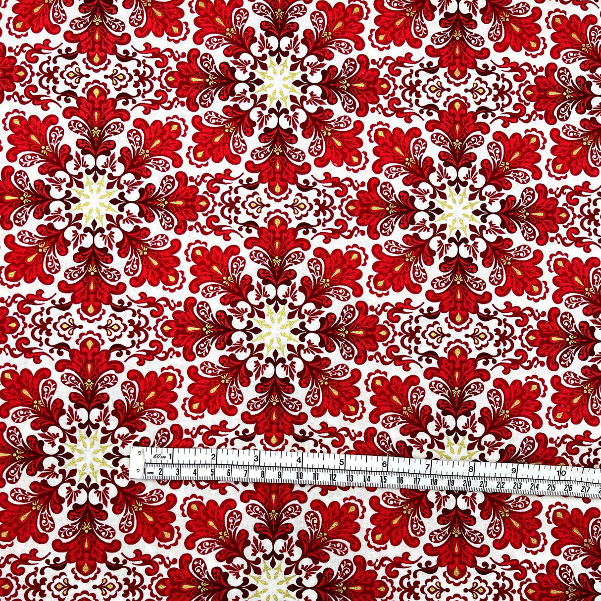 Snowflakes Fabric Christmas Splendor Medallions Gold accents, Red, White Cotton Quilting fabric Henry Glass HG8320M-44
