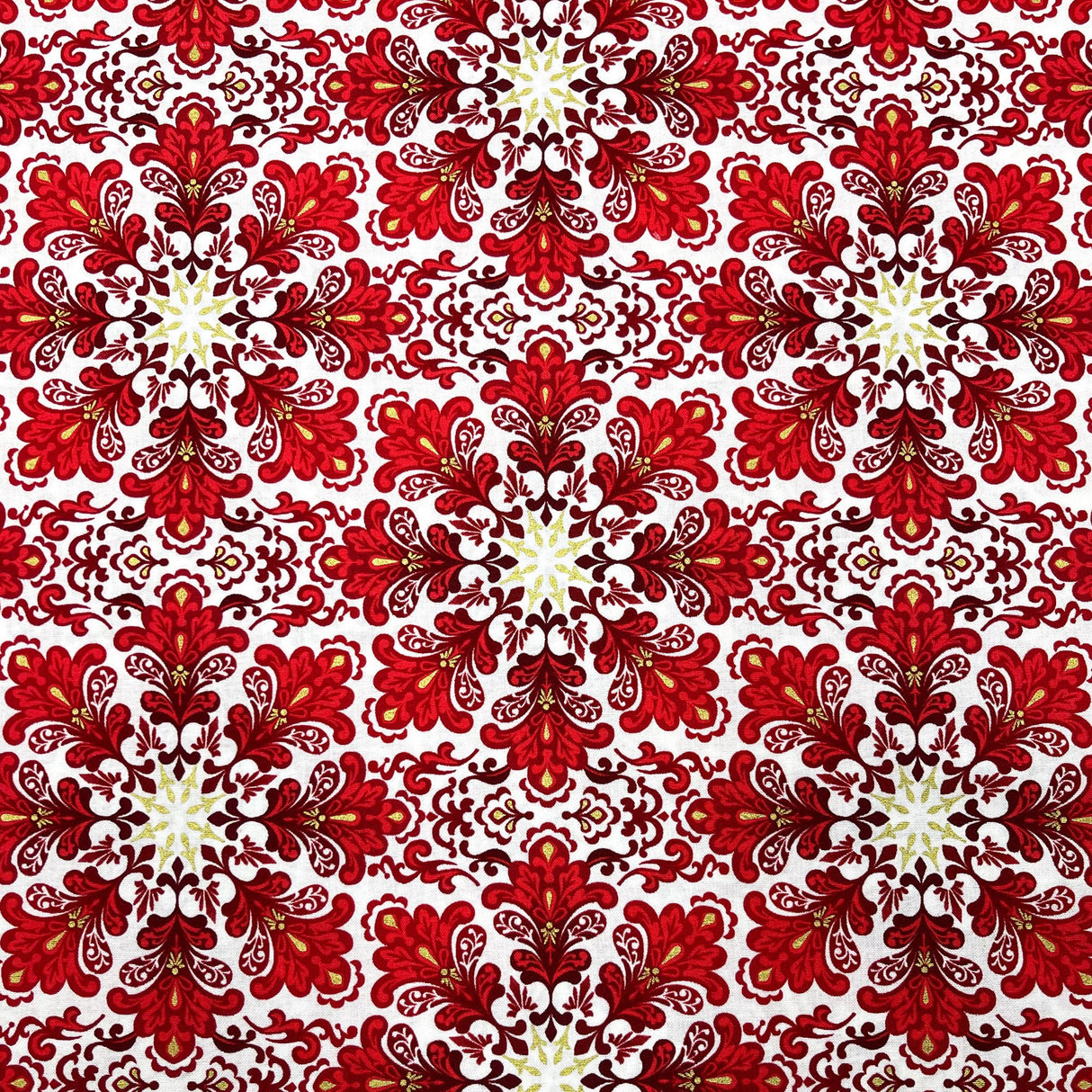 Snowflakes Fabric Christmas Splendor Medallions Gold accents, Red, White Cotton Quilting fabric Henry Glass HG8320M-44