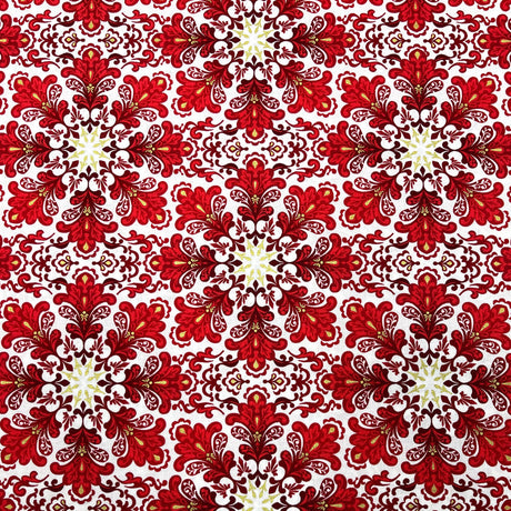 Snowflakes Fabric Christmas Splendor Medallions Gold accents, Red, White Cotton Quilting fabric Henry Glass HG8320M-44
