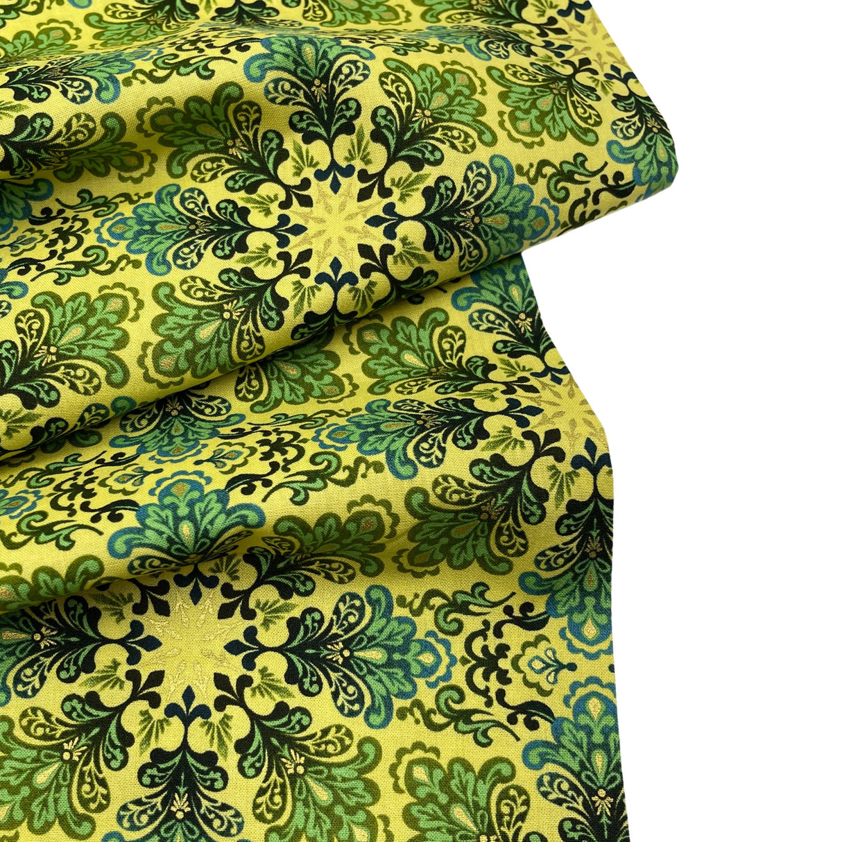 Snowflakes Fabric Christmas Splendor Medallions Gold, Green Yellow Cotton Quilting fabric Henry Glass HG8320M-66