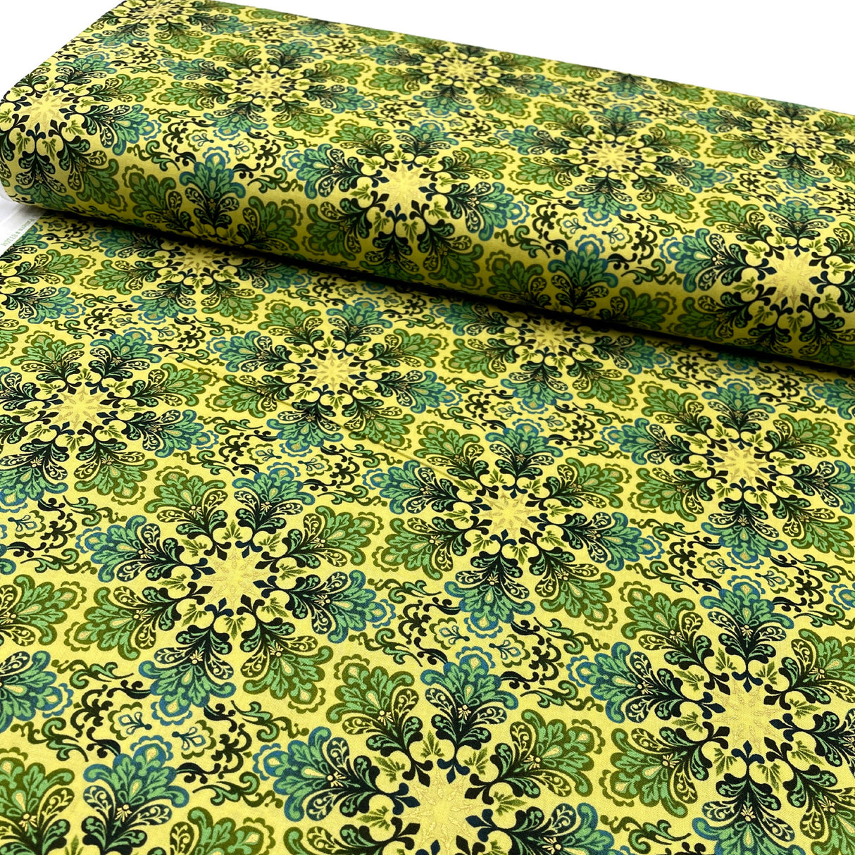 Snowflakes Fabric Christmas Splendor Medallions Gold, Green Yellow Cotton Quilting fabric Henry Glass HG8320M-66