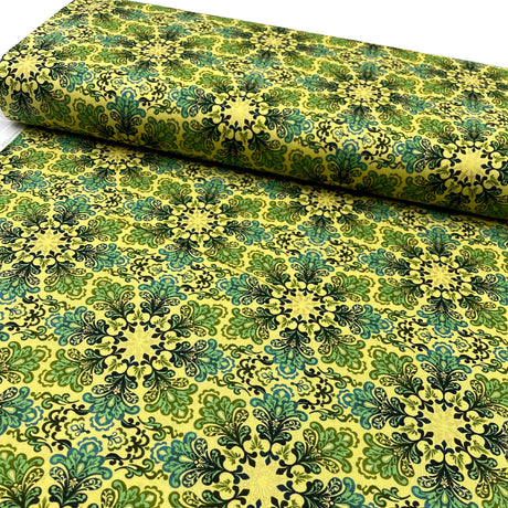 Snowflakes Fabric Christmas Splendor Medallions Gold, Green Yellow Cotton Quilting fabric Henry Glass HG8320M-66