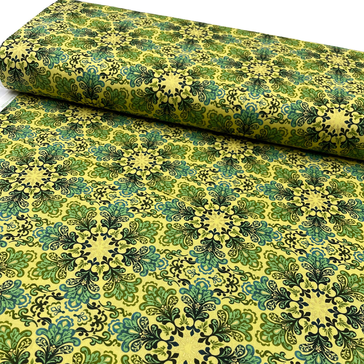 Snowflakes Fabric Christmas Splendor Medallions Gold, Green Yellow Cotton Quilting fabric Henry Glass HG8320M-66