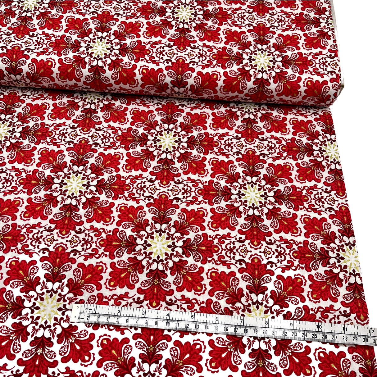 Snowflakes Fabric Christmas Splendor Medallions Gold accents, Red, White Cotton Quilting fabric Henry Glass HG8320M-44