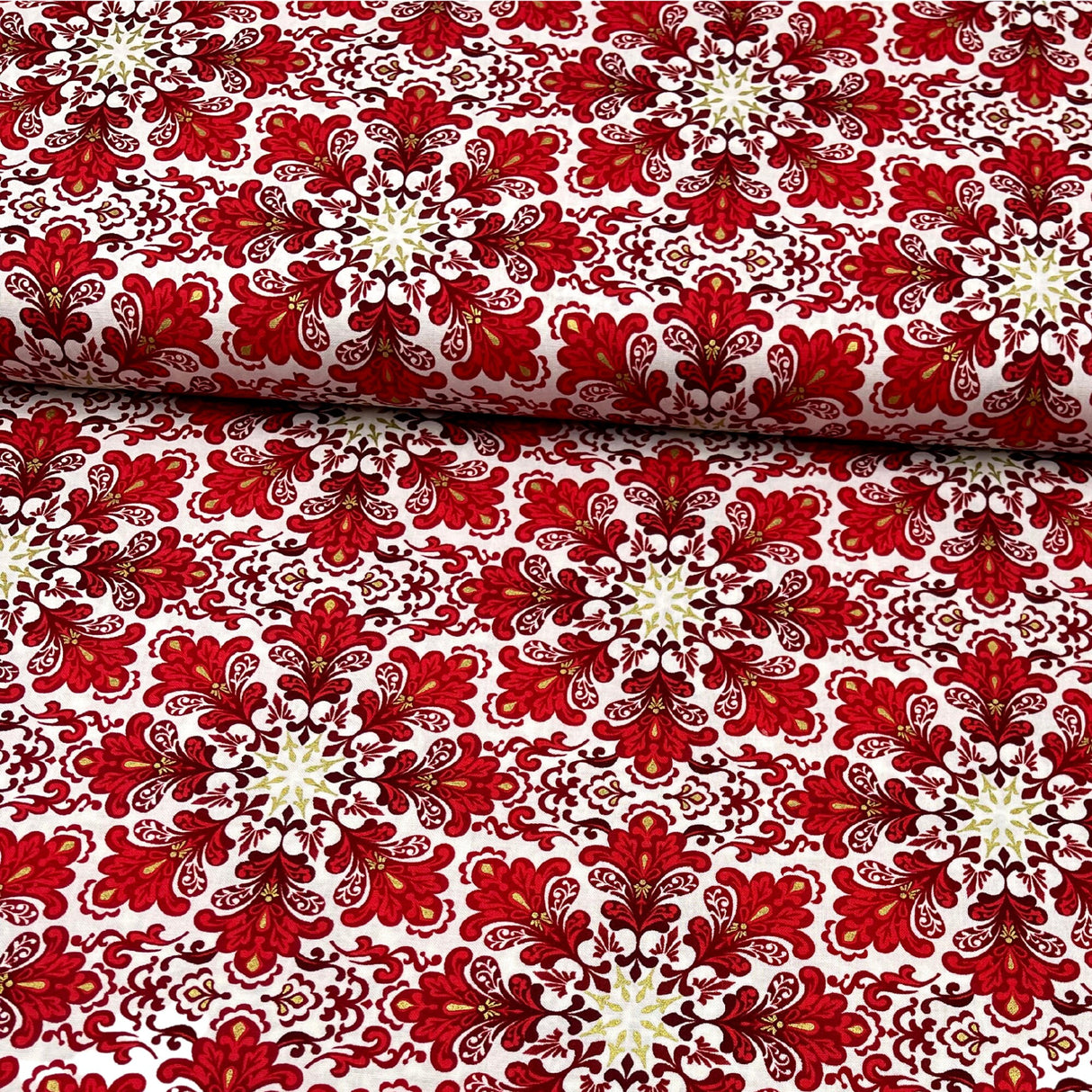 Snowflakes Fabric Christmas Splendor Medallions Gold accents, Red, White Cotton Quilting fabric Henry Glass HG8320M-44