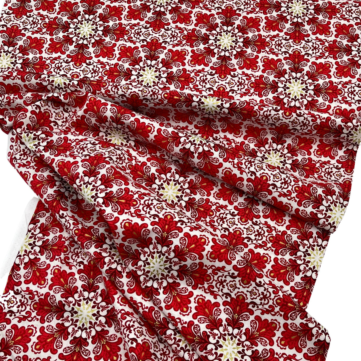 Snowflakes Fabric Christmas Splendor Medallions Gold accents, Red, White Cotton Quilting fabric Henry Glass HG8320M-44