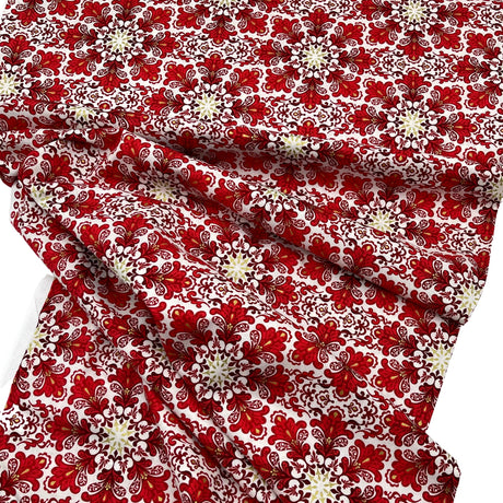 Snowflakes Fabric Christmas Splendor Medallions Gold accents, Red, White Cotton Quilting fabric Henry Glass HG8320M-44