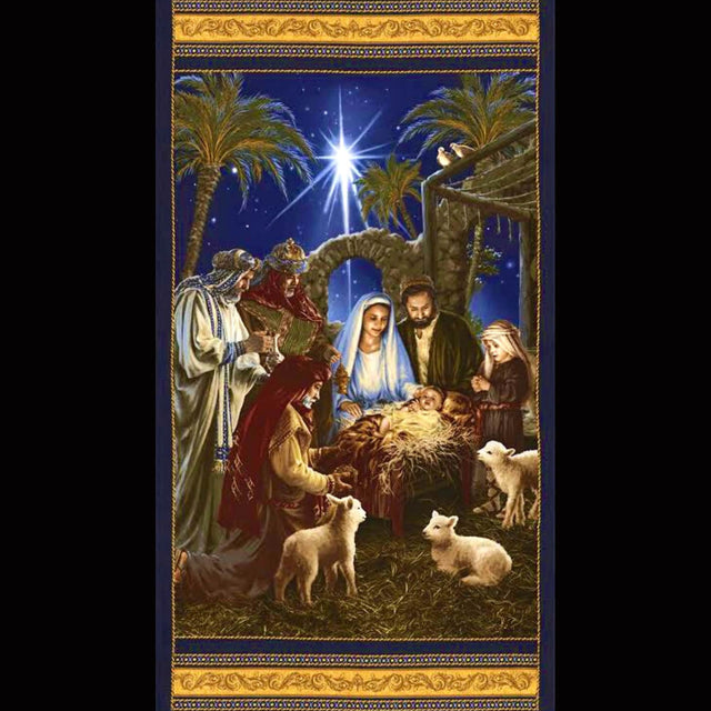 Nativity Christmas fabric panel Dona Gelsinger Cotton Quilting Timeless Treasures fabric TTC4965-Navy