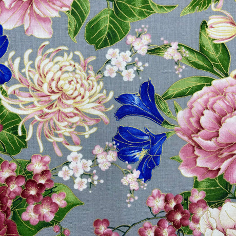 Floral fabric Sakura Japanese Geisha, Chong a Hwang, Timeless Treasures CM6158GREY