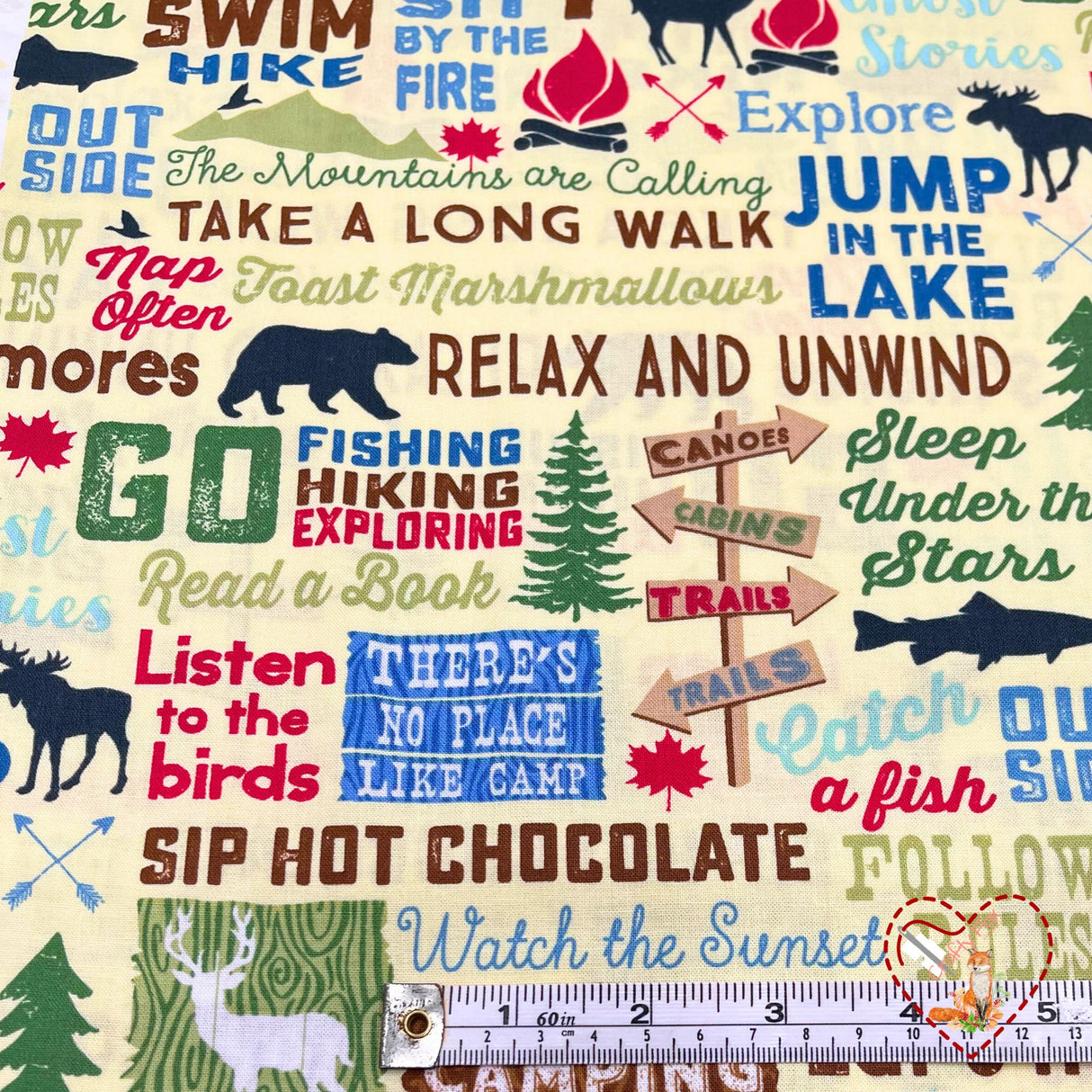 Camping Words, Text words, Rare fabric, OOP, Cotton Quilting Fabric, Timeless Treasures TT-C4944 FunStraw