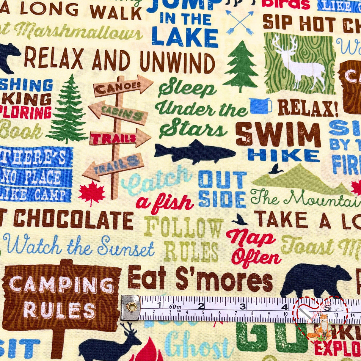 Camping Words, Text words, Rare fabric, OOP, Cotton Quilting Fabric, Timeless Treasures TT-C4944 FunStraw