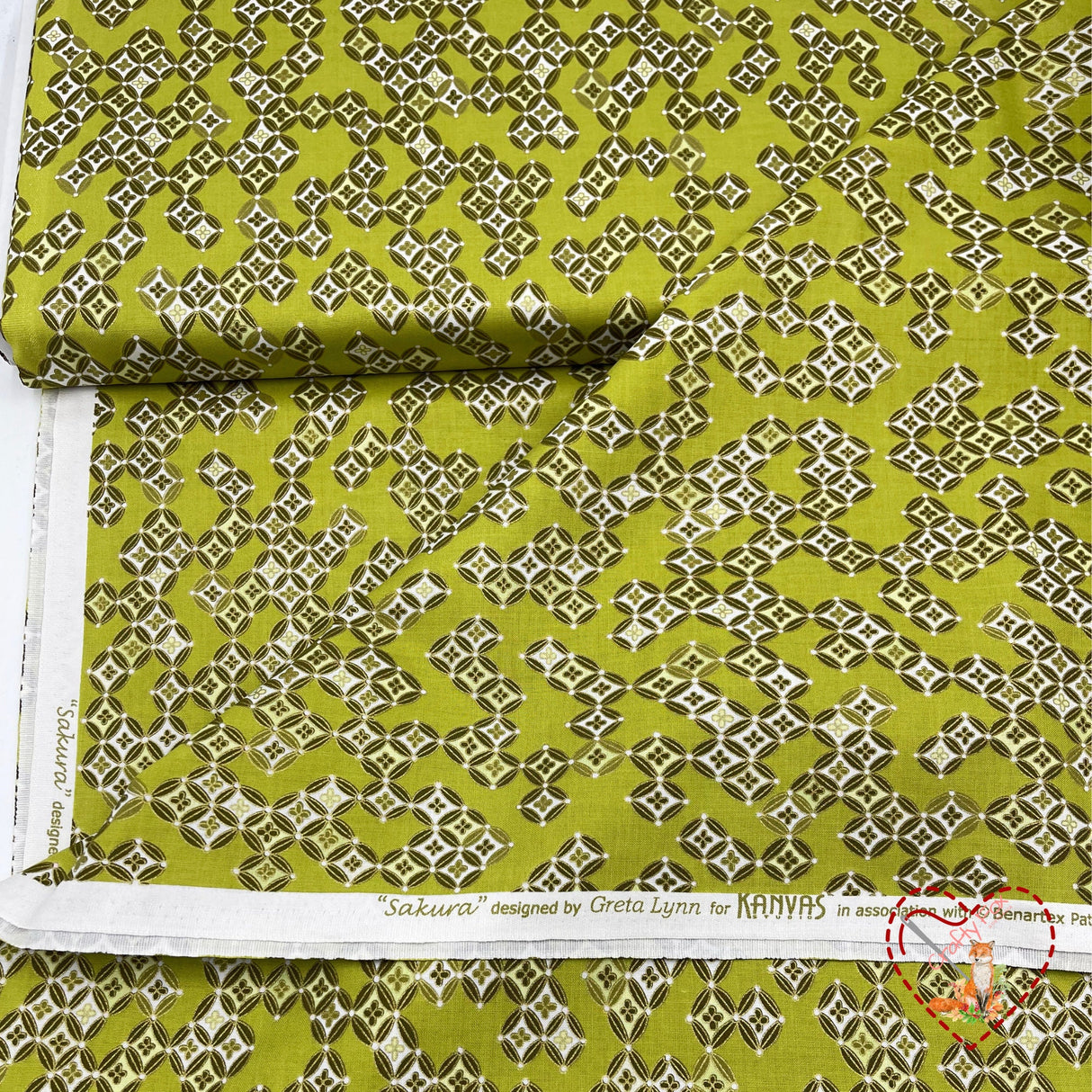 Sakura Japanese fabric, Lime green Diamonds, Geisha, Cotton Quilting fabric Benartex BT6277.44