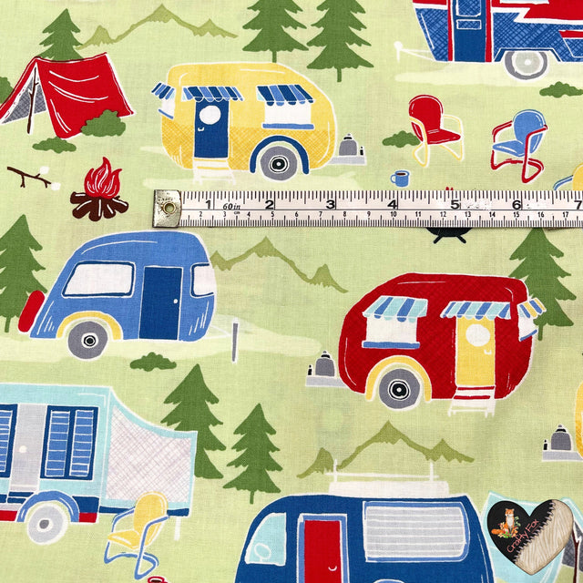 Vintage Campers, Travel trailers, Camping Vehicles, Caravans, Quilting, Cotton fabric TT-C4943Green