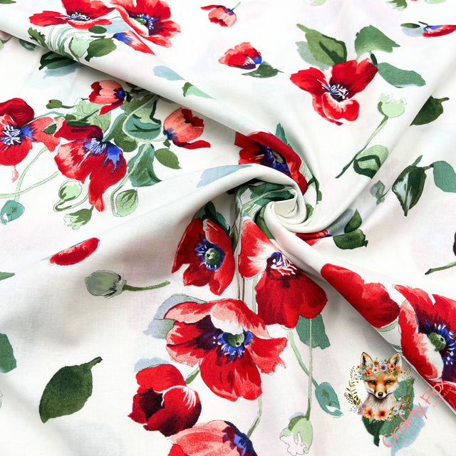 Fresh Cut Poppies, Floral fabric, Cotton Quilting, by Michelle D'Amore, Timeless Treasures TT4724.white
