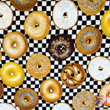 A variety of different bagels on a chequered black and white background cloth, category for Food Drink, this is Quilting, Cotton, Novelty Fabric, by Timeless Treasures Fabrics - Fabric Code TT-GM.C6003