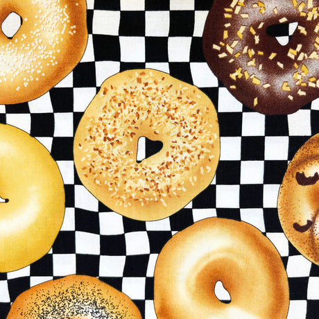 Bagel sprinkled with ham and cheese for its topping and is surrounded with other variety of bagels, category for Food Drink, this is Quilting, Cotton, Novelty Fabric, by Timeless Treasures Fabrics - Fabric Code TT-GM.C6003