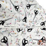 Sew Sew Cotton fabric, Selvage stating name of design, Scissors, Safety Pins, dress patterns Benartex