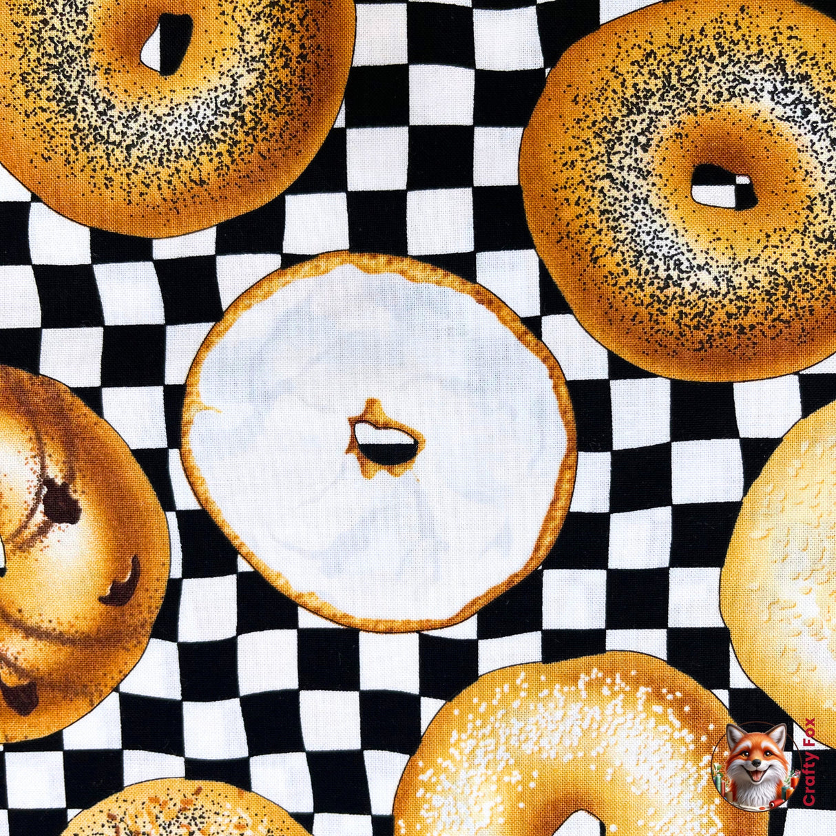 White Iced Bagel with its topping on top, this fabric is surrounded with other variety of bagels, category for Food Drink, this is Quilting, Cotton, Novelty Fabric, by Timeless Treasures Fabrics - Fabric Code TT-GM.C6003