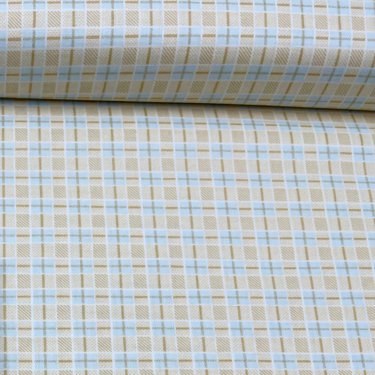 Peaceful Garden Lattice Fabric in Taupe & Blue by Mary Jane Carey | Henry Glass Quilting Fabric