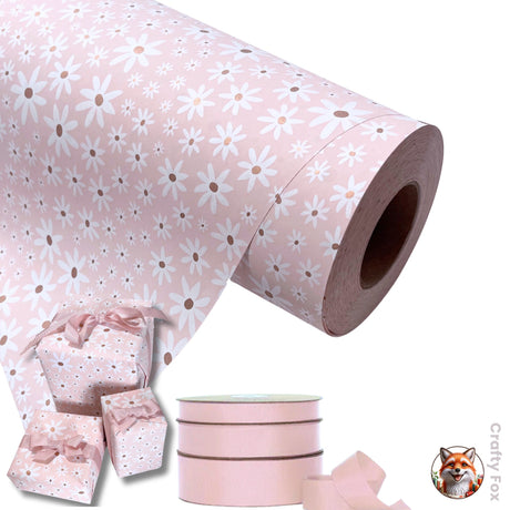 Daisy Floral Champagne Gift Wrapping Paper- 80gsm, 60cm Wide | Elegant Wrapping Solutions