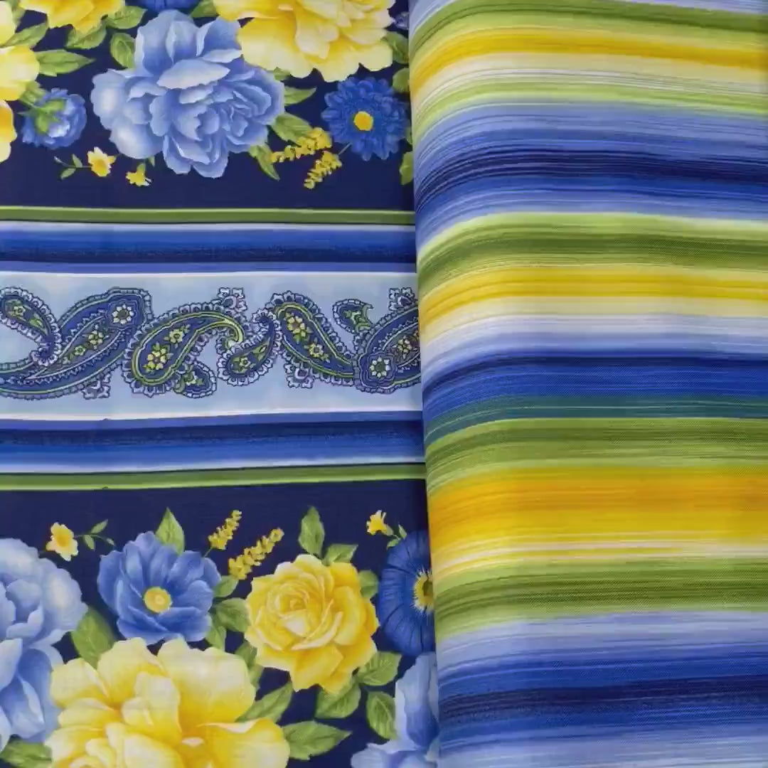 Angelica Border Quilting fabric, Blue Yellow Timeless Treasures Floral Cotton fabric C6361.Navy