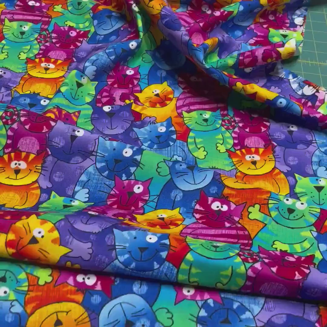 Cats Bright fabric Multi Gail Cheshire Cats Purple Green Orange Pink Timeless Treasure TT-C9327