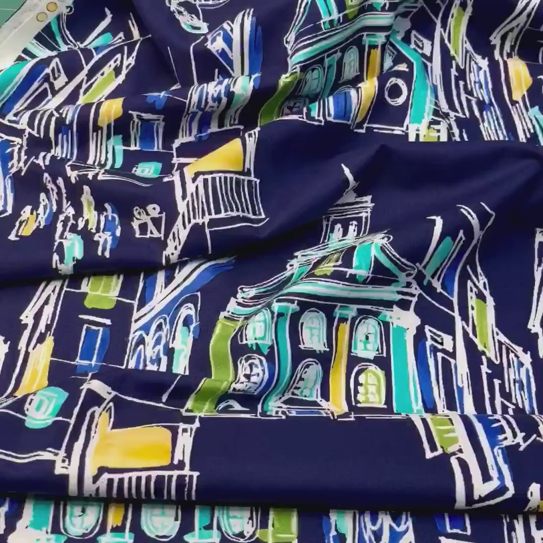 Blue Houses, On the Town fabric Navy Blue Quilting 100%Cotton Michael Miller fabric CX-6901-Navy