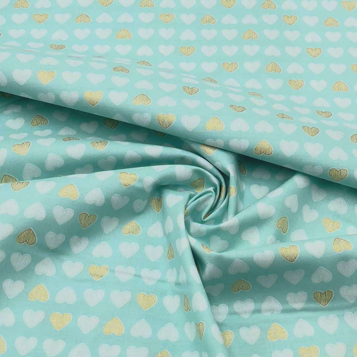 Heart of Gold – Mist Fabric, Gold Metallic Hearts – Michael Miller