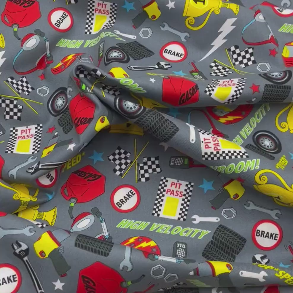 Racing Cars Fabric, Tools accessories, Grand Prix Fast Track, Cotton Quilting, Henry Glass HG1172-90