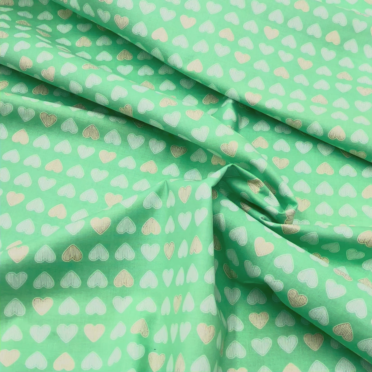 Heart of Gold – Clover Green Fabric, Gold Metallic Hearts – Michael Miller