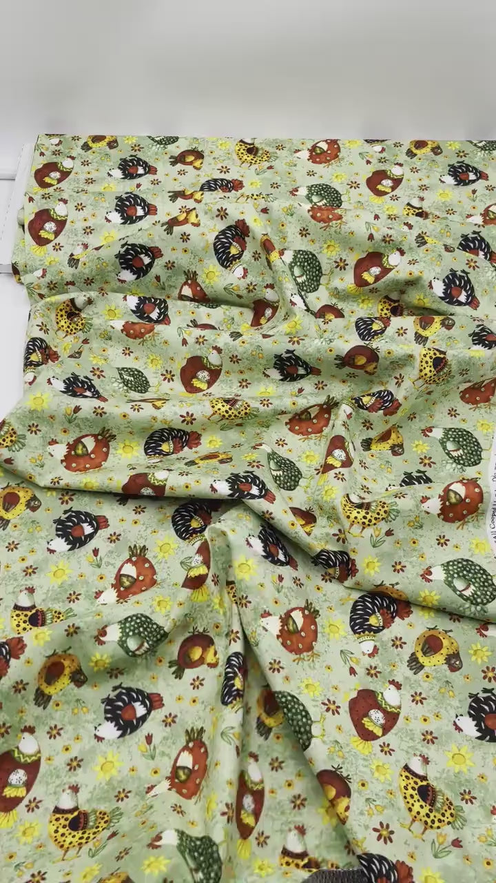 Chickens on grass fabric, Country Meadow, farm animals Country Scene HG6872-66