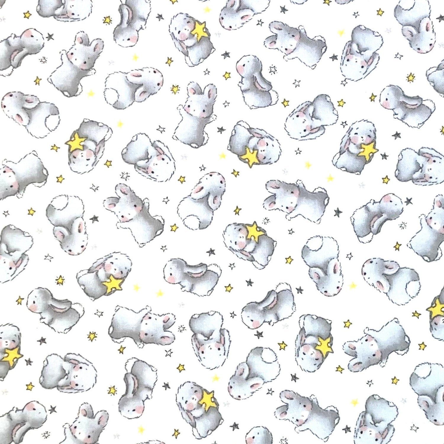 Bunnies fabric Little with Stars FLANNEL Quilting 100% Cotton Fabric CF-6451 White