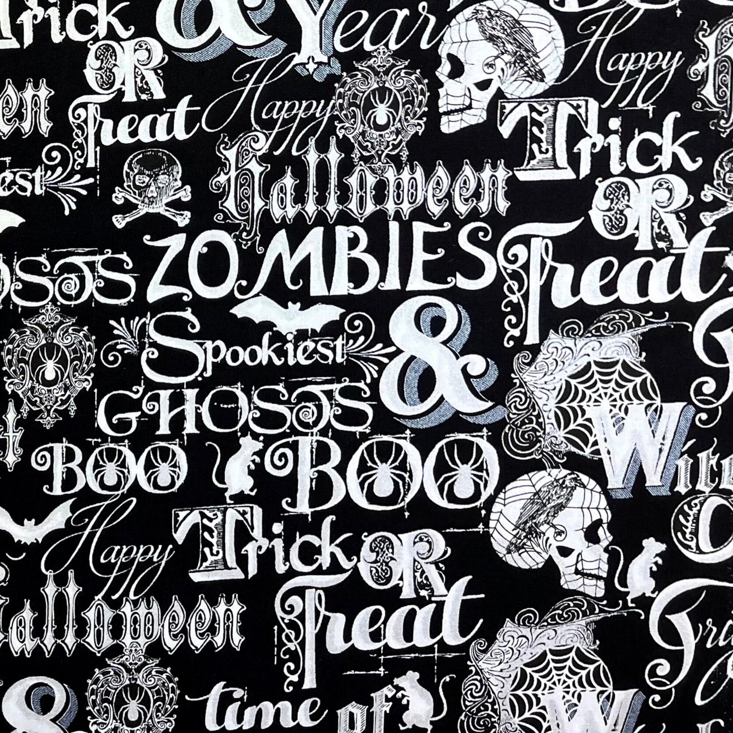 Word fabric Black Silver White fabric Halloween Silver Metallic Henry Glass Fabric