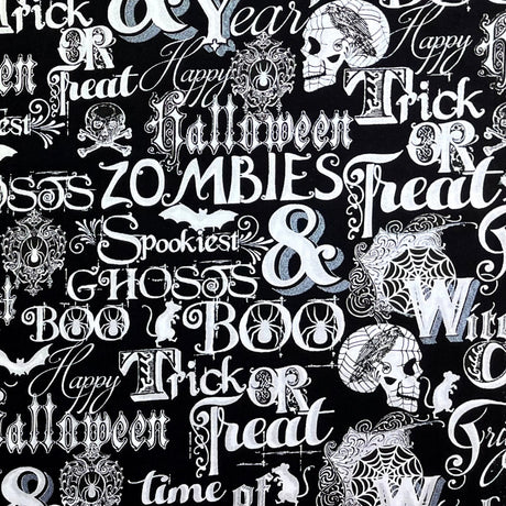 Word fabric Black Silver White fabric Halloween Silver Metallic Henry Glass Fabric