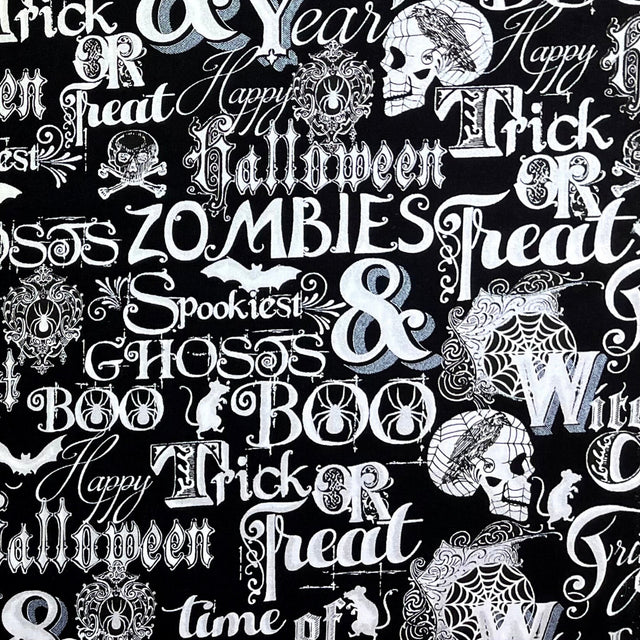 Word fabric Black Silver White fabric Halloween Silver Metallic Henry Glass Fabric
