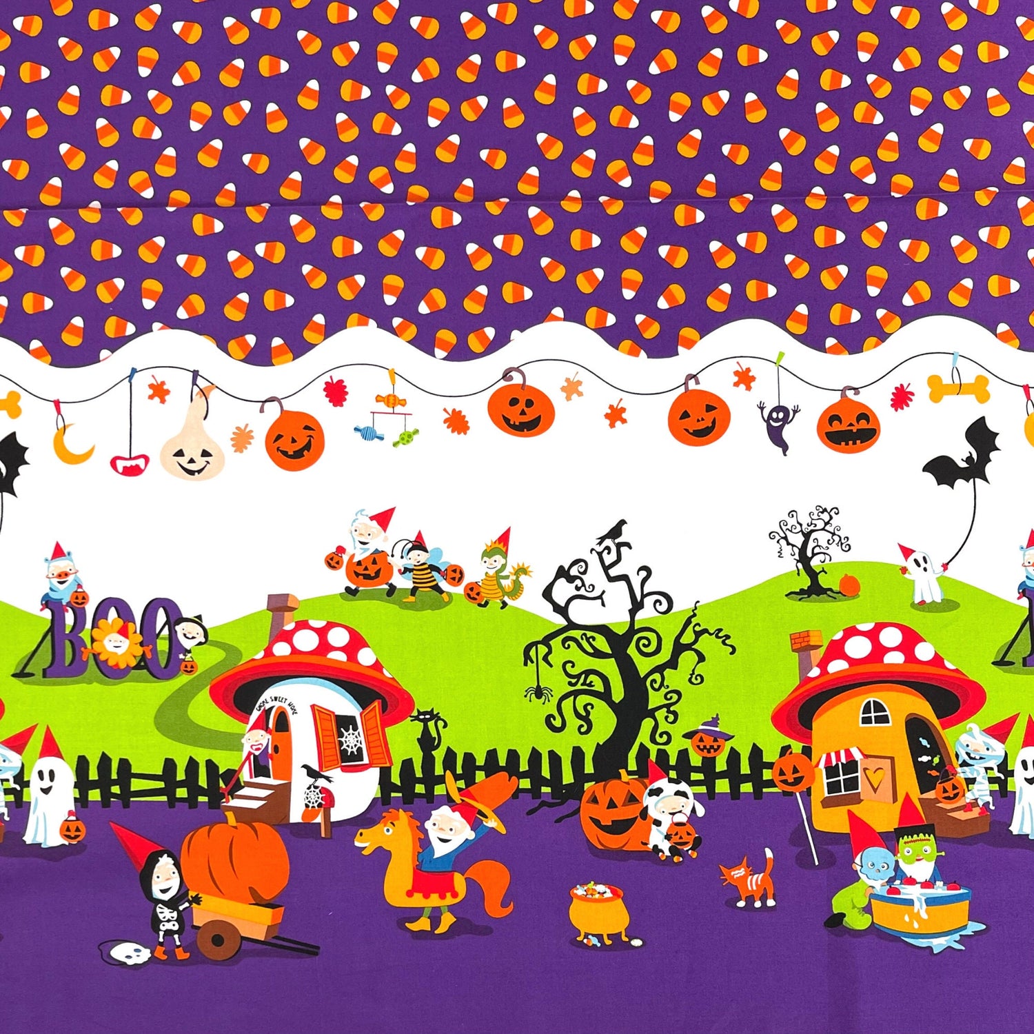 Halloween Gnomes Skeletons Cats Pumpkins Sweets fabric Nightmare in Gnomeville border Fabric - Panel MM-CX6945