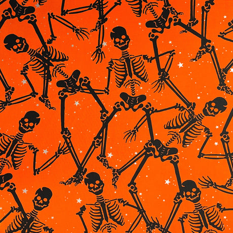 Skeleton fabric Orange Black fabric with Silver metallic Gothic Glam Fabric Benartex BT-CM4938 Orange