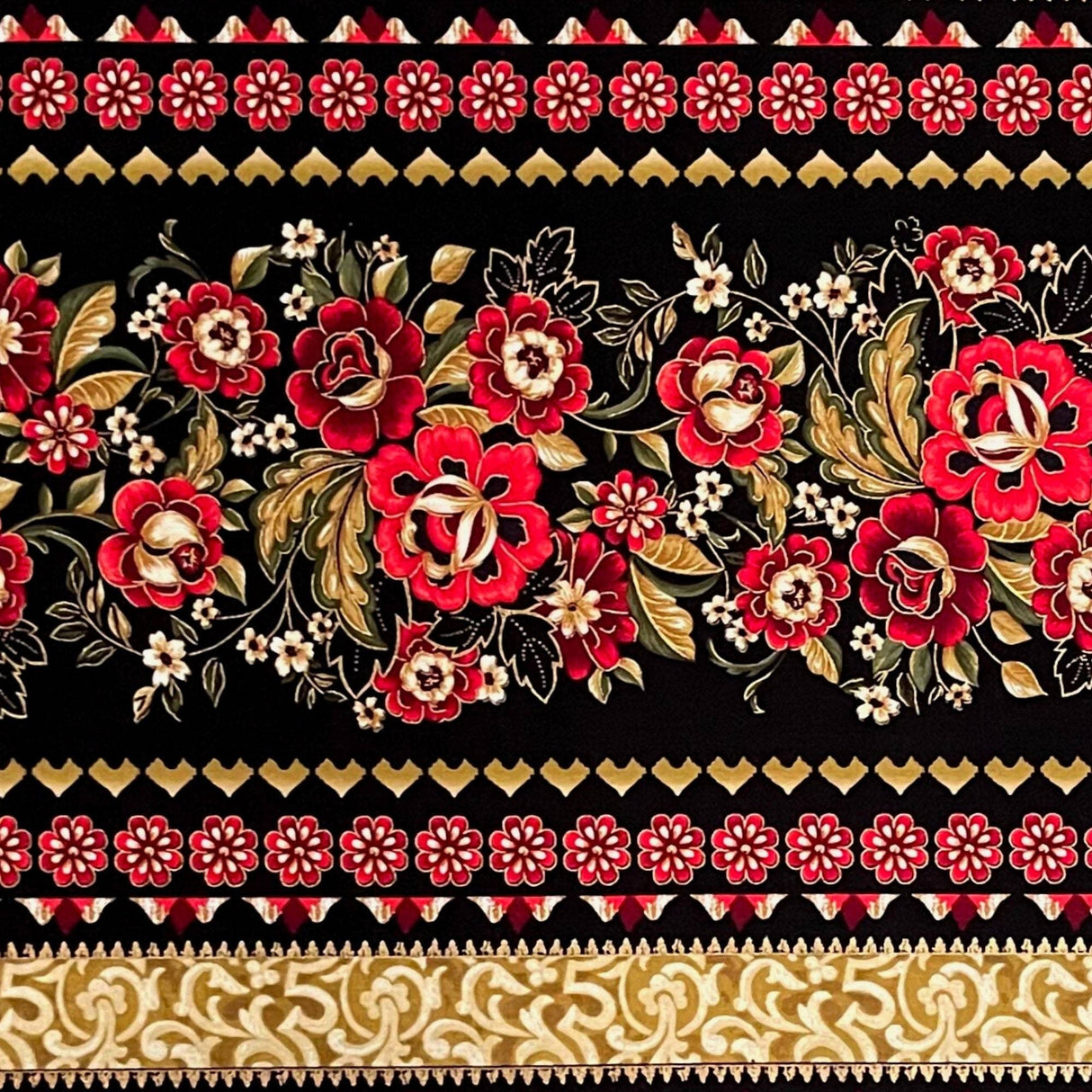 Carmen Floral Red Black Gold Border Fabric by Kanvas Benartex - BT8285.12