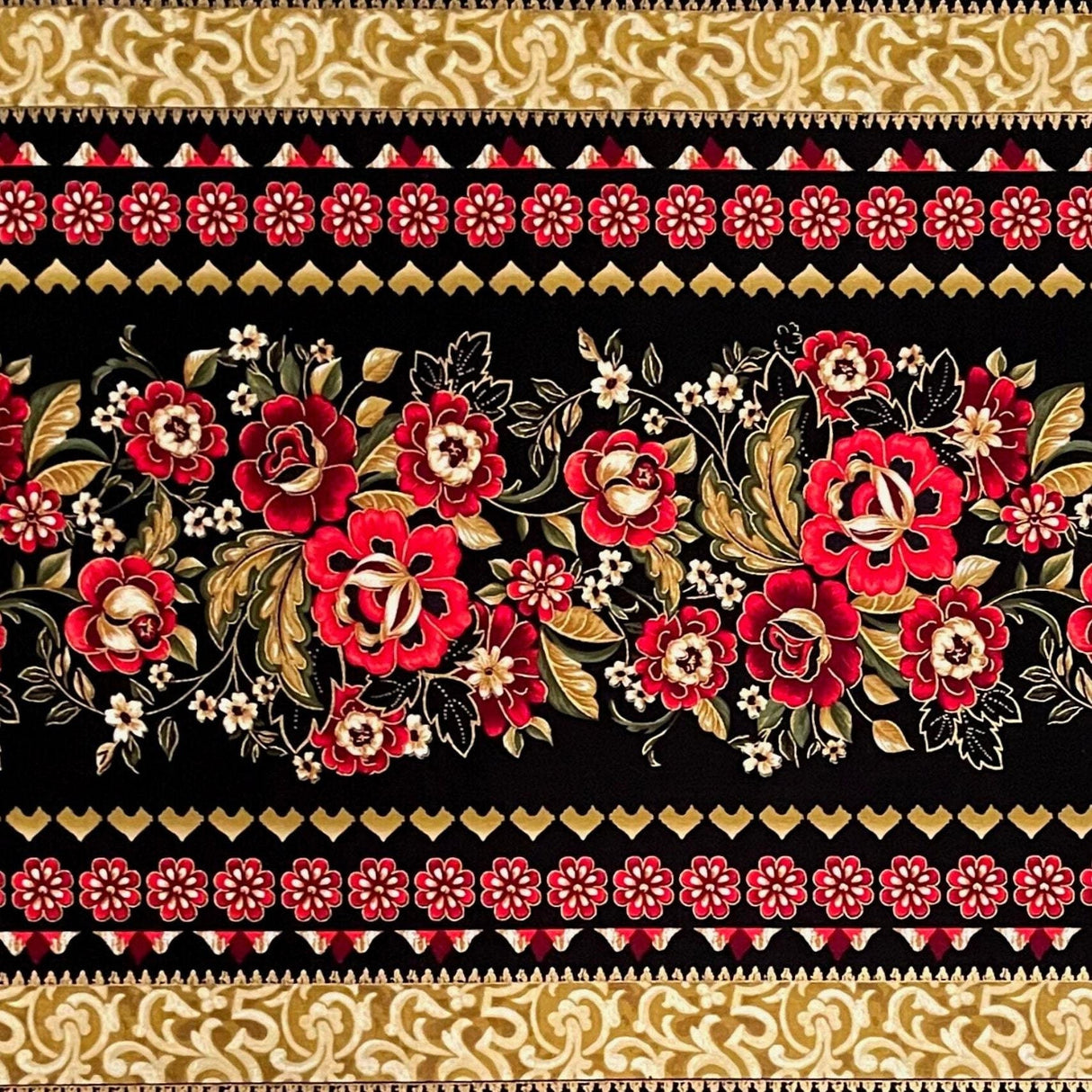 Carmen Floral Red Black Gold Border Fabric by Kanvas Benartex - BT8285.12