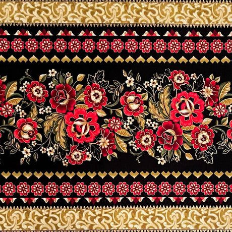 Carmen Floral Red Black Gold Border Fabric by Kanvas Benartex - BT8285.12