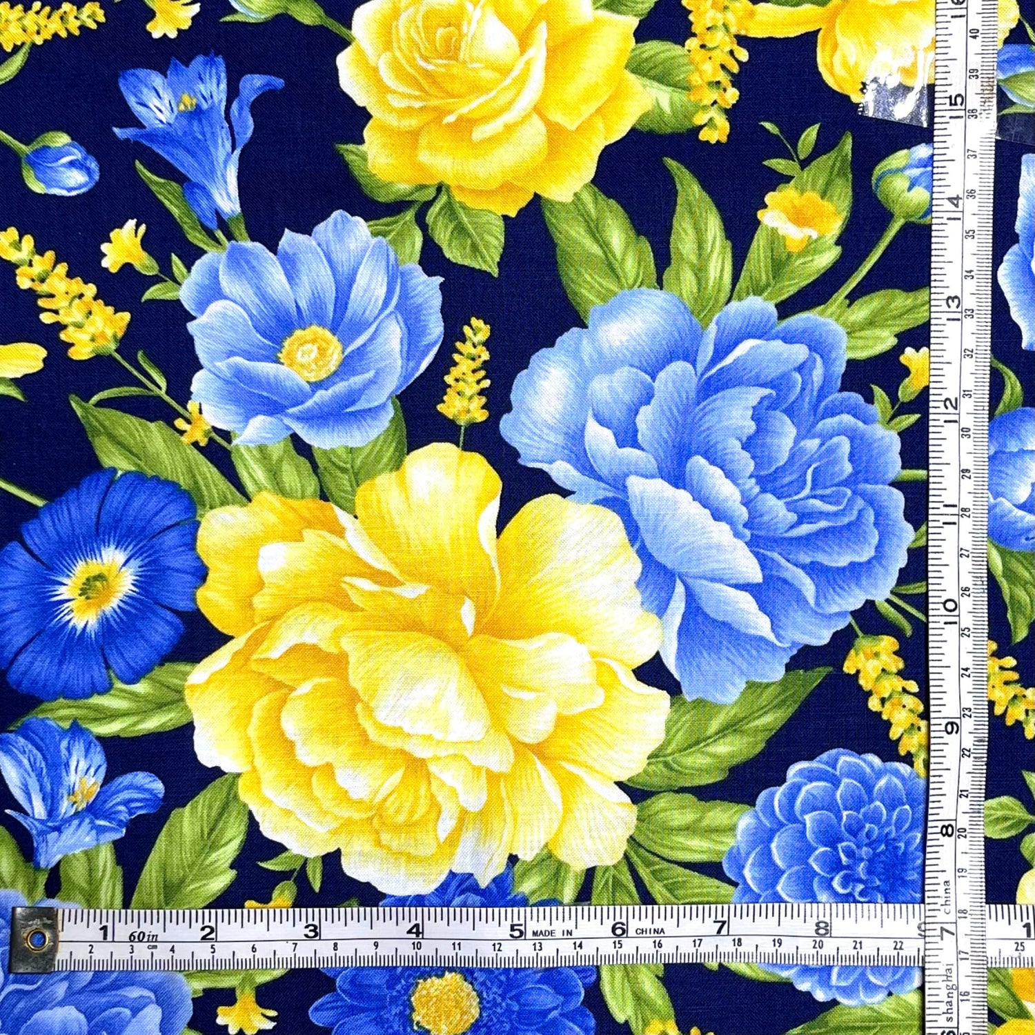 Floral fabric Yellow Blue Rose Angelica Navy fabric Timeless Treasures Craft Cotton Quilters fabric C6359