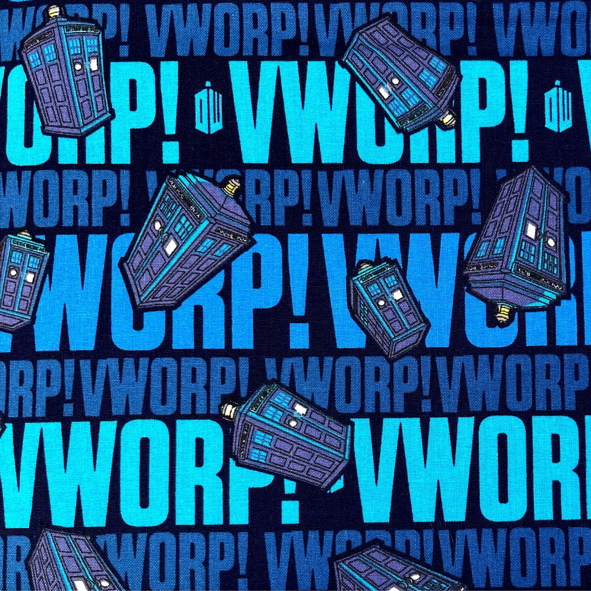 Doctor Who Worp Worp fabric, Blue Cotton Quilting Fabric, Phone Booth Novelty Licensed Fabric by Springs Creative CP57132
