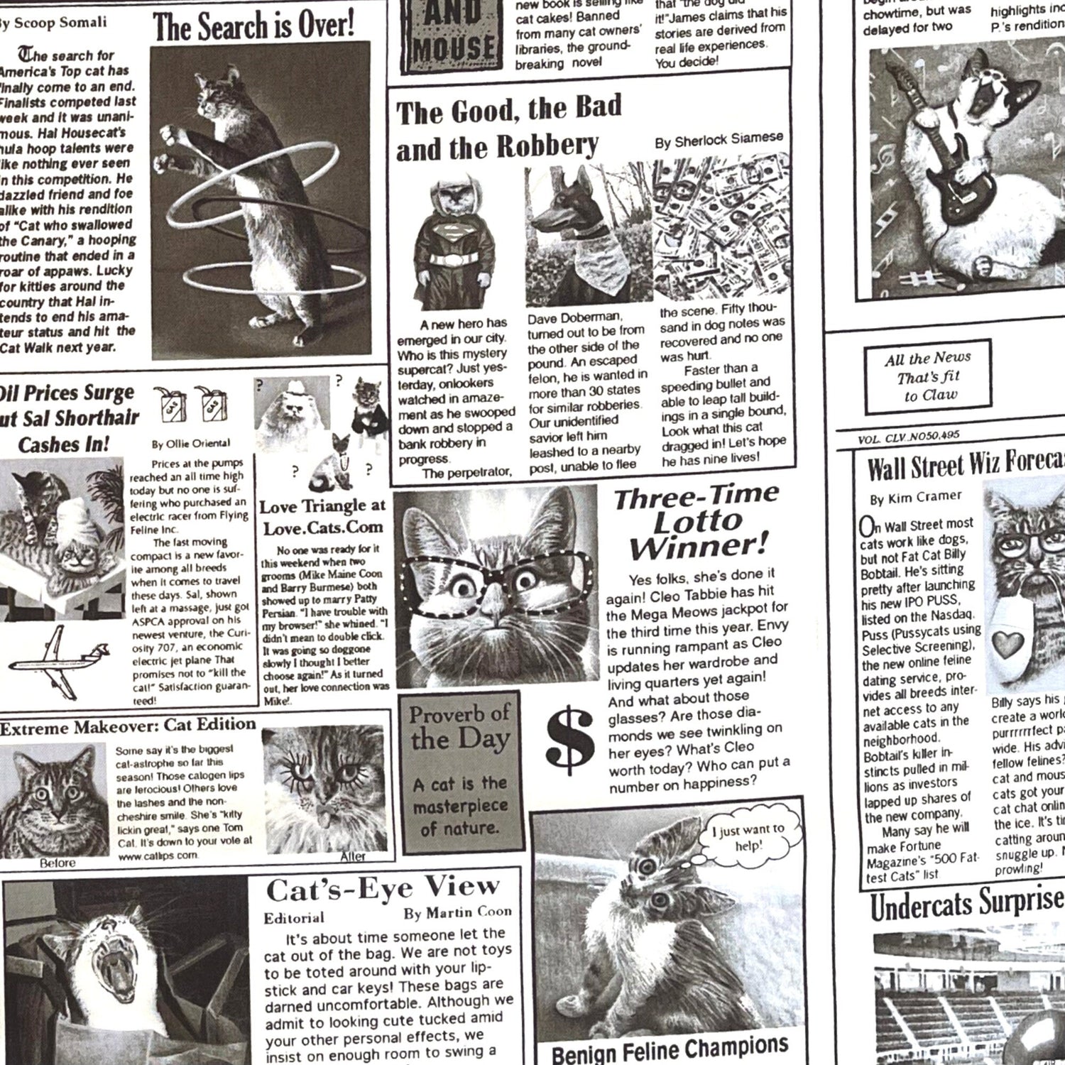 Cat Newspaper fabric 60cm The Kitty Chronicle White Timeless Treasures C1200White