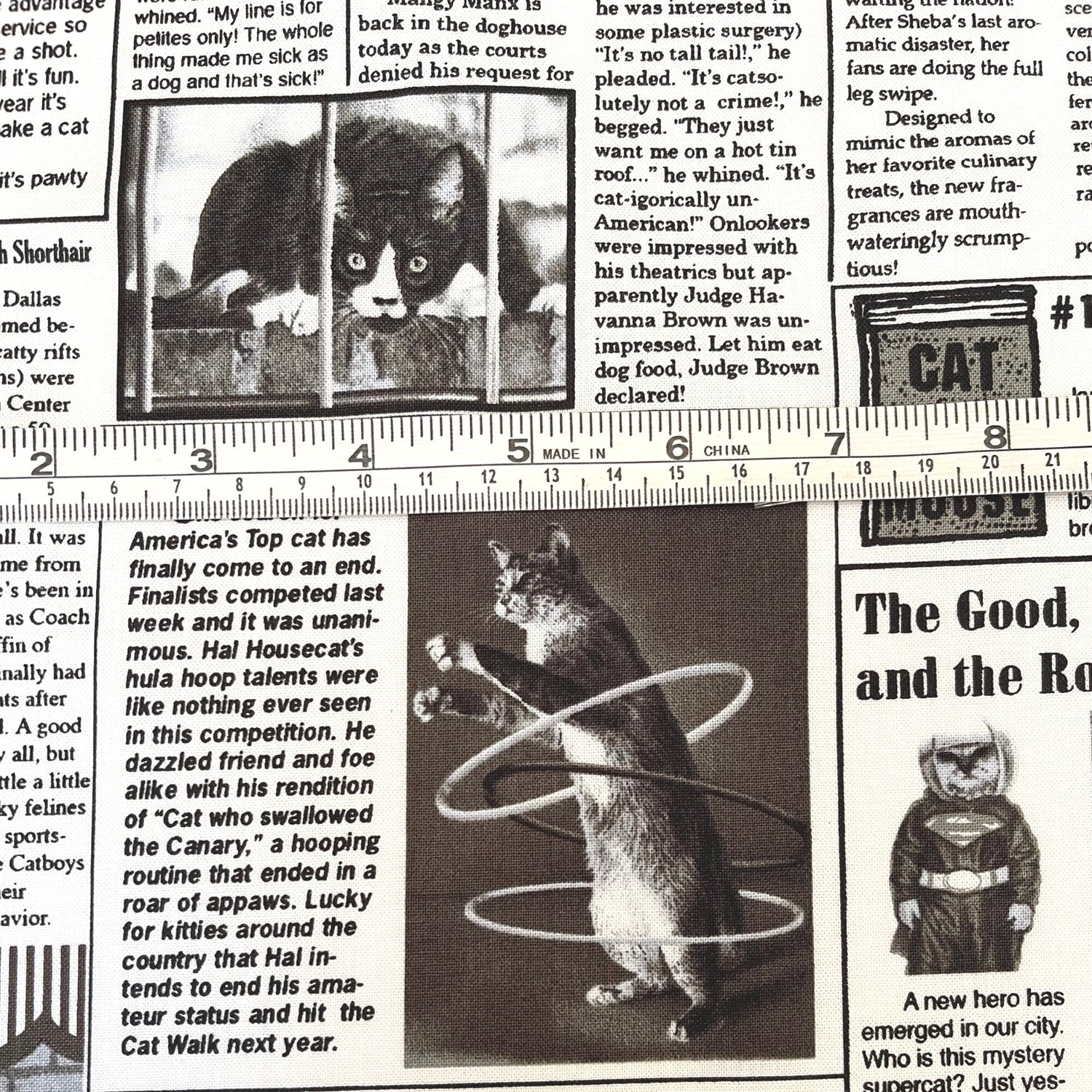 Cat Newspaper fabric 60cm The Kitty Chronicle White Timeless Treasures C1200White